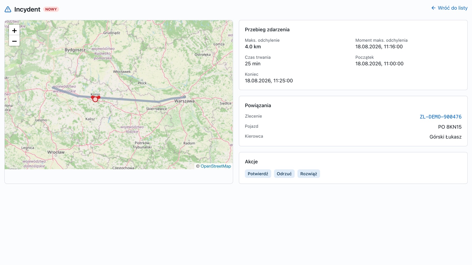 Ekran incydentu odchylenia od trasy w NaviTMS: mapa OSM z trasą i punktem odchylenia oraz panele Przebieg zdarzenia i Powiązania