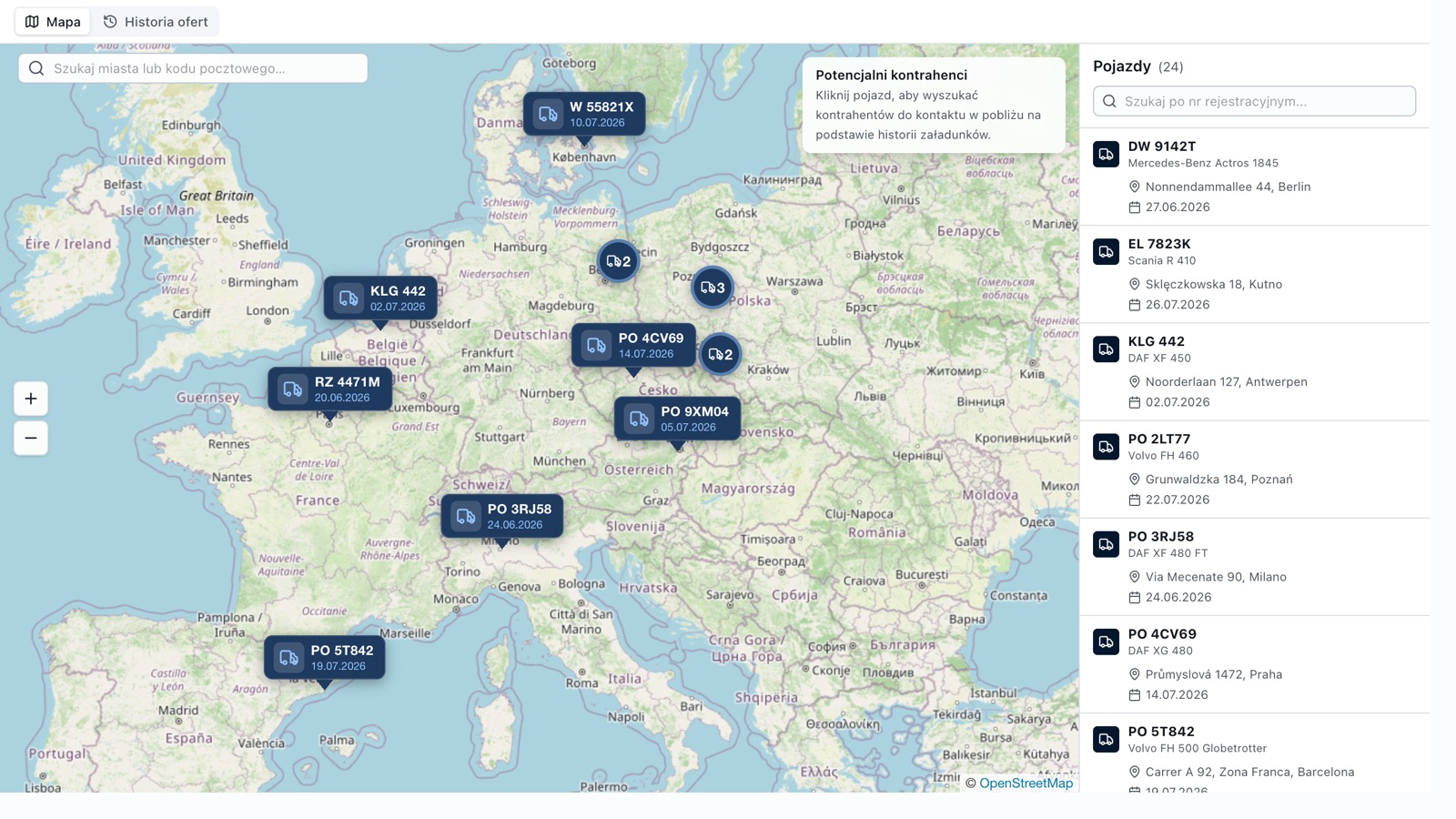 Mapa Spedi w NaviTMS, pozycje pojazdów floty na mapie Europy i panel z listą pojazdów